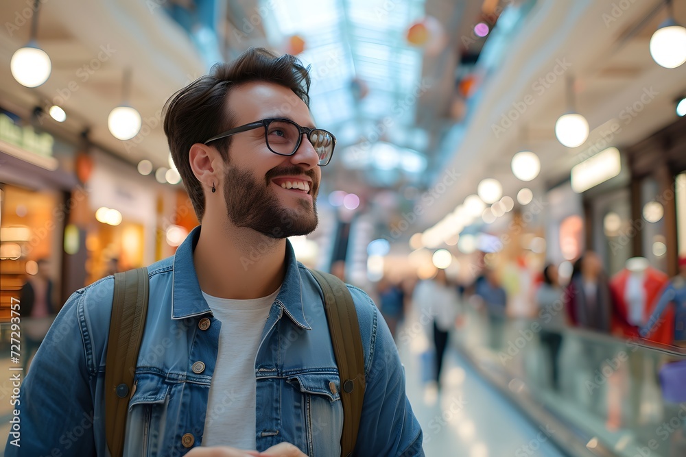 Confident Young Man with a Backpack Smiling in a Busy Shopping Center