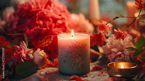 Close Up of a Candle on a Table With Flowers