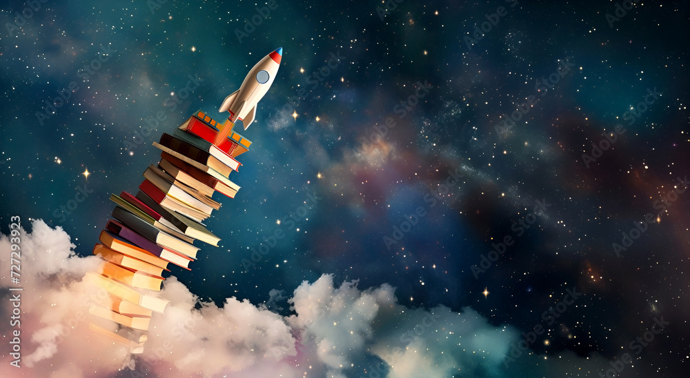 Naklejka premium Rocket Soars from Book