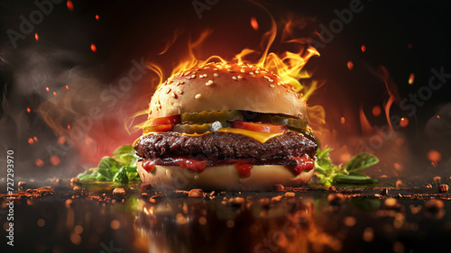 an image of a hot delicious burger on fire, with burning flames and smoke, on a black background