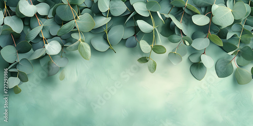 Green eucalyptus leaves over a mint green background, perfect for wedding or mother's day background. photo