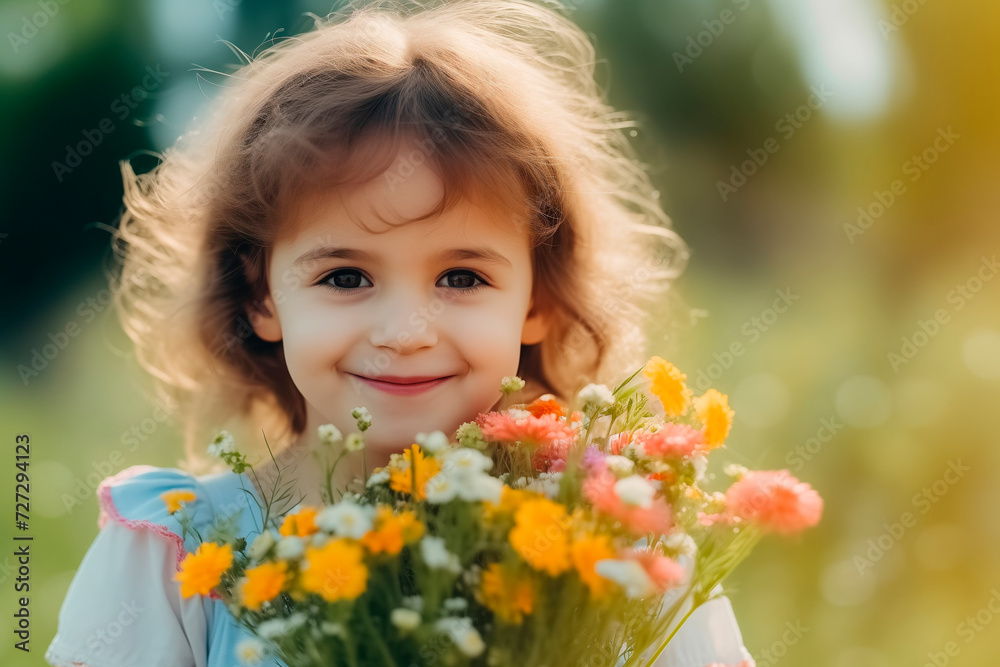 Happy innocent child holding a bouquet of wildflowers, adding a touch of nature to their joyful Easter and spring celebration , background with copy. Happy innocent child holding a bouquet of wildflowers, adding a touch of nature to their joyful Easter and spring celebration , background with copy.