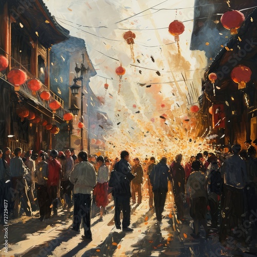 Firecrackers on Old Chinese Streets, Happy China New Year Festival, Holiday in Retro Chinese Streets