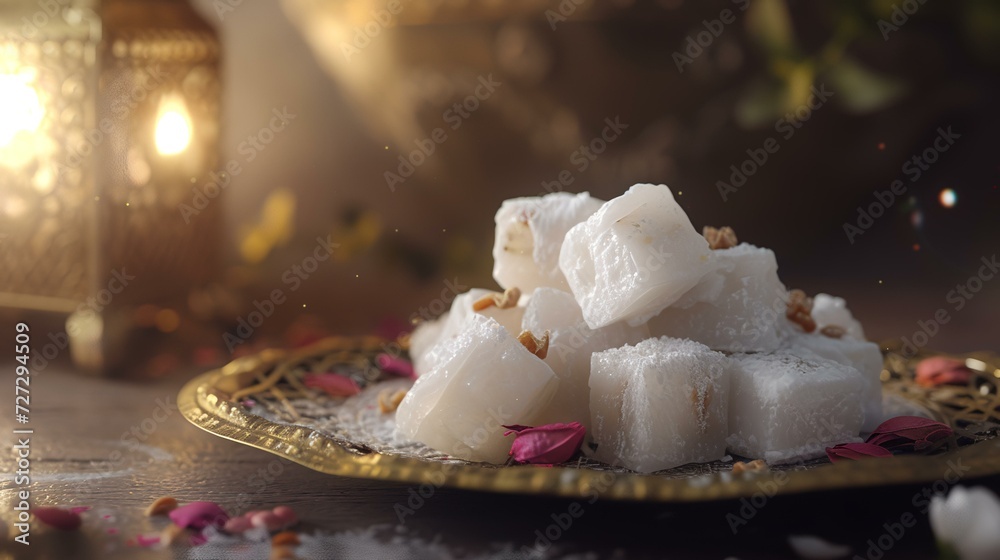 Turkish delight with nuts and rose petals on a wooden background. Turkish delight with nuts and rose petals on a wooden background.