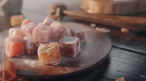 Traditional turkish delight lokum on wooden table, closeup photo