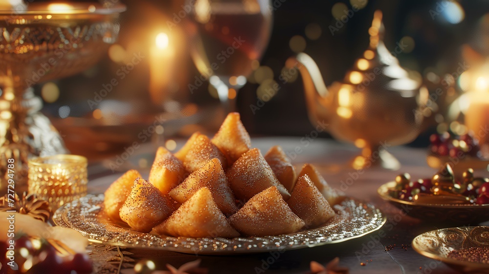 Christmas and New Year background. Festive table setting with cookies in the shape of a Christmas tree. Christmas and New Year background. Festive table setting with cookies in the shape of a Christmas tree.