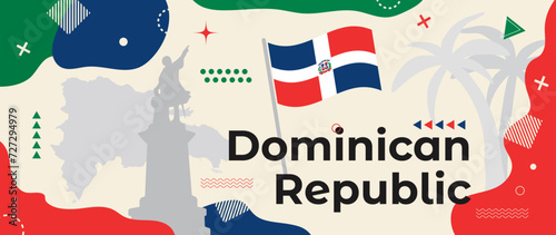 Dominican Republic Day banner with national flag and country map, statue of Christopher Columbus and palm trees silhouettes. Abstract geometric holiday design with minimalist shapes and elements