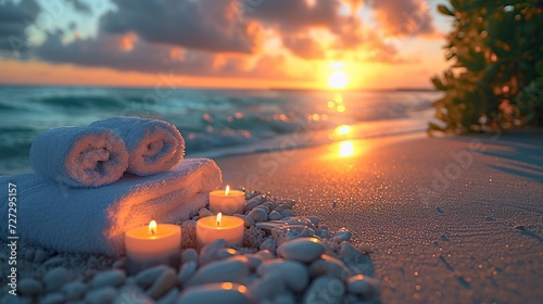 spa with white towels, candles and plants on sandy beach at sunset
