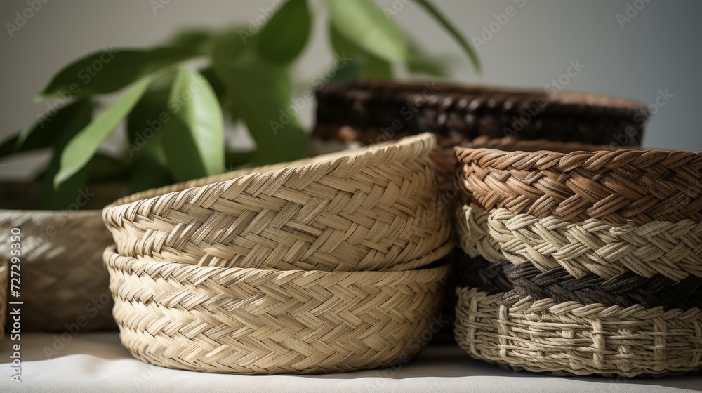 A Group of Woven Baskets on a Table