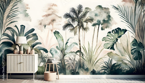 Tropical plants and palm trees, for texture background photo wallpaper. Wallpaper pattern painted in watercolour. Generative AI.