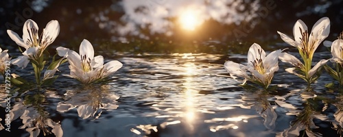 there are some white flowers in the water with the sun in the background