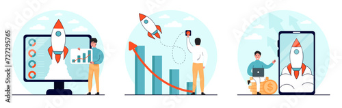 Business boost set. Business development and profit increase. The character increases the growth of assets and indicates the direction of growth. Vector illustration.