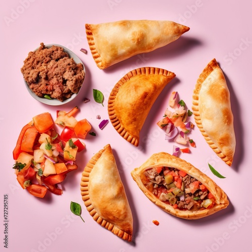 empanada pies stuffed with meat and vegetables. Fried dough dish close-up on a plain pastel background.
 photo