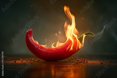 Fiery red chili pepper with dynamic flames  ideal for spicy food advertising or culinary blog posts