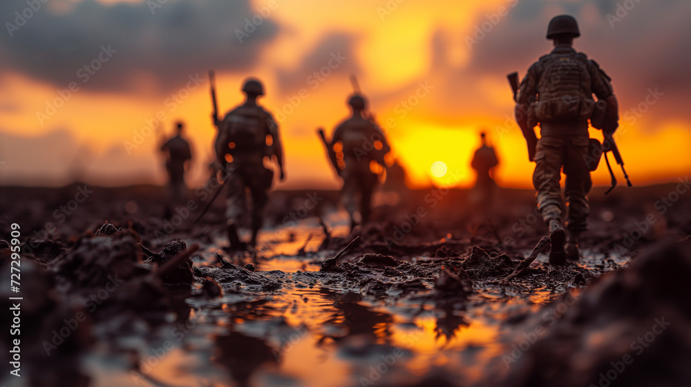 Silhouetted soldiers marching at sunset, ideal for military memorial websites and veteran tribute posts - obrazy, fototapety, plakaty 