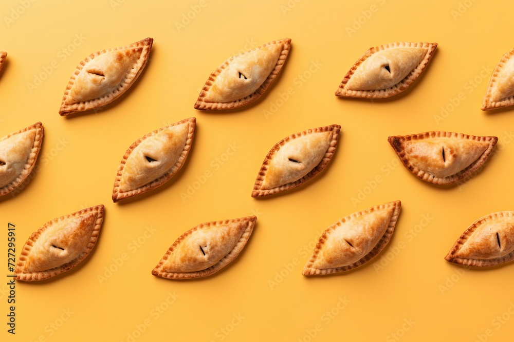 empanada pies stuffed with meat and vegetables. Fried dough dish close-up on a plain pastel background.
