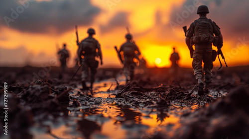 Silhouetted soldiers marching at sunset, ideal for military memorial websites and veteran tribute posts © Blue_Utilities