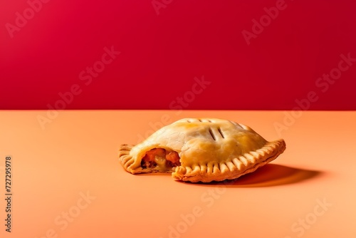 empanada pies stuffed with meat and vegetables. Fried dough dish close-up on a plain pastel background. 