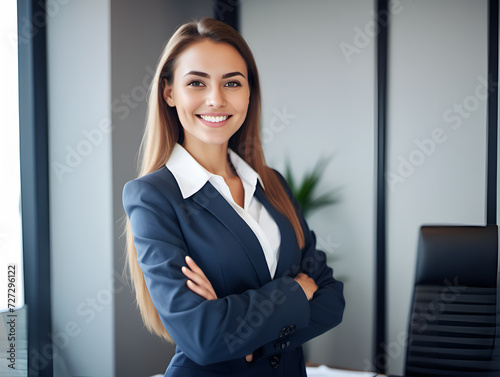 Young happy pretty smiling professional business working at laptop, happy confident positive female entrepreneur standing in office, looking at camera, Generated with AI