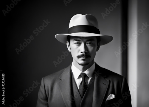 Japanese yakuza with a epoch fedora hat and a suit