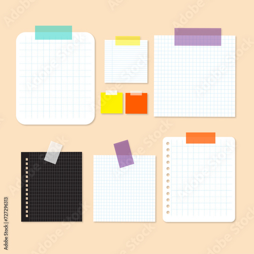scrapbook papers. blank notepad pages. paper glued to wall with tape