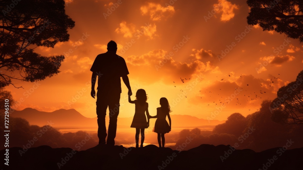 Silhouette of a father with his daughter on a sunset background. Happy Father's Day Concept