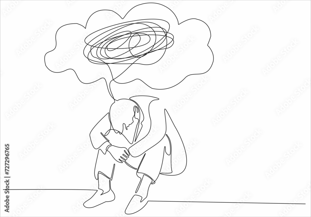 Continuous line drawing of man feeling sad, tired and worried suffering from depression in mental health. Troubles, failure and broken heart concept isolated on white background. Vector