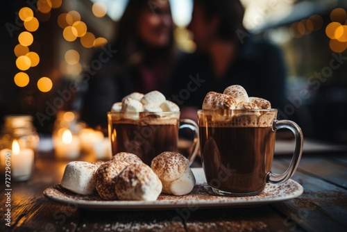 Two cups of steaming hot cocoa topped with fluffy marshmallows placed on a rustic wooden table adorned with festive Christmas garlands. In the background, a joyful couple enjoying each other's compan
