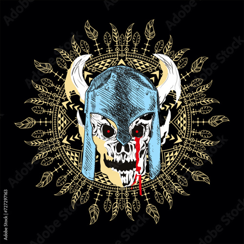 T-shirt design of a skull with helmet and horns on a Hindu mandala on a black background.