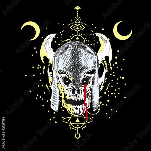 Skull t-shirt design with horned helmet and two moons on a black background. Demonic image.