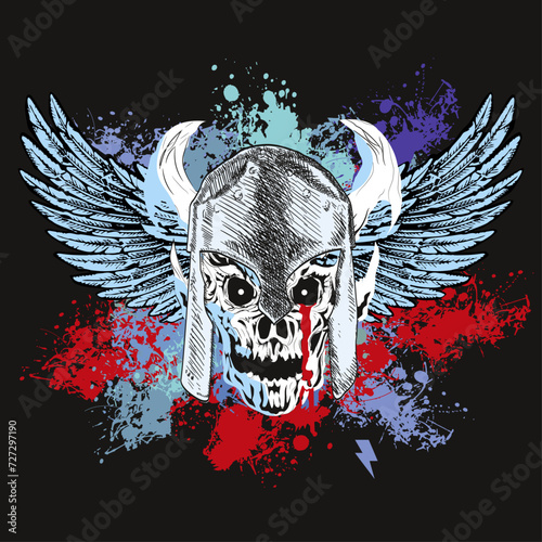 T-shirt design of a skull with helmet and horns on a feather mandala on a black background.