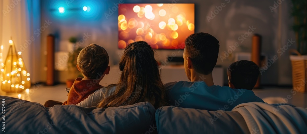 Family enjoying a cozy evening at home watching TV, surpassing the cinema experience. Family enjoying a cozy evening at home watching TV, surpassing the cinema experience.