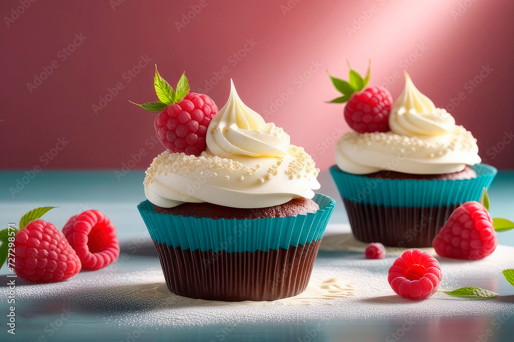 Vanilla raspberry cupcake with ligth cream topping garnished with berries. Vanilla raspberry cupcake with ligth cream topping garnished with berries.