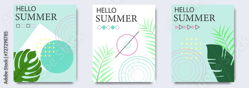 Summer party poster pattern set, geometric memphis style. Cool trendy flyer with type quote. Tropical palm leaf for travel banner, music cover, fashion print