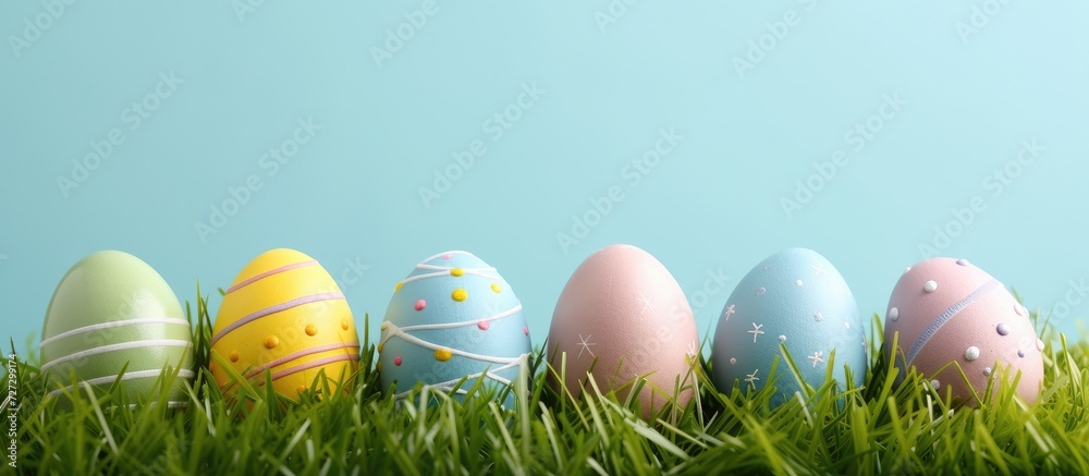 Fototapeta premium Six pastel Easter eggs in grass with space for text.