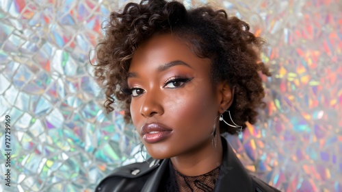 A young African American woman with a leather jacket, shimmer background 