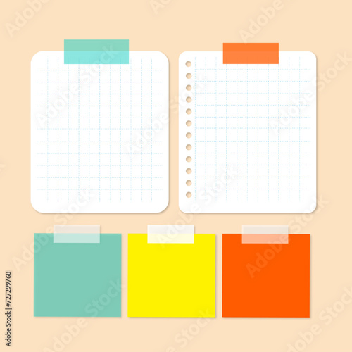 scrapbook papers. blank notepad pages illustration. paper glued to wall with tape