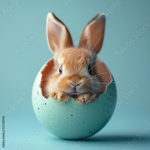baby rabbit in a egg on blue background, AI generated photo