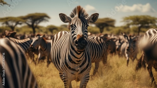 Herd of Zebra Running Across Dry Grass Field
