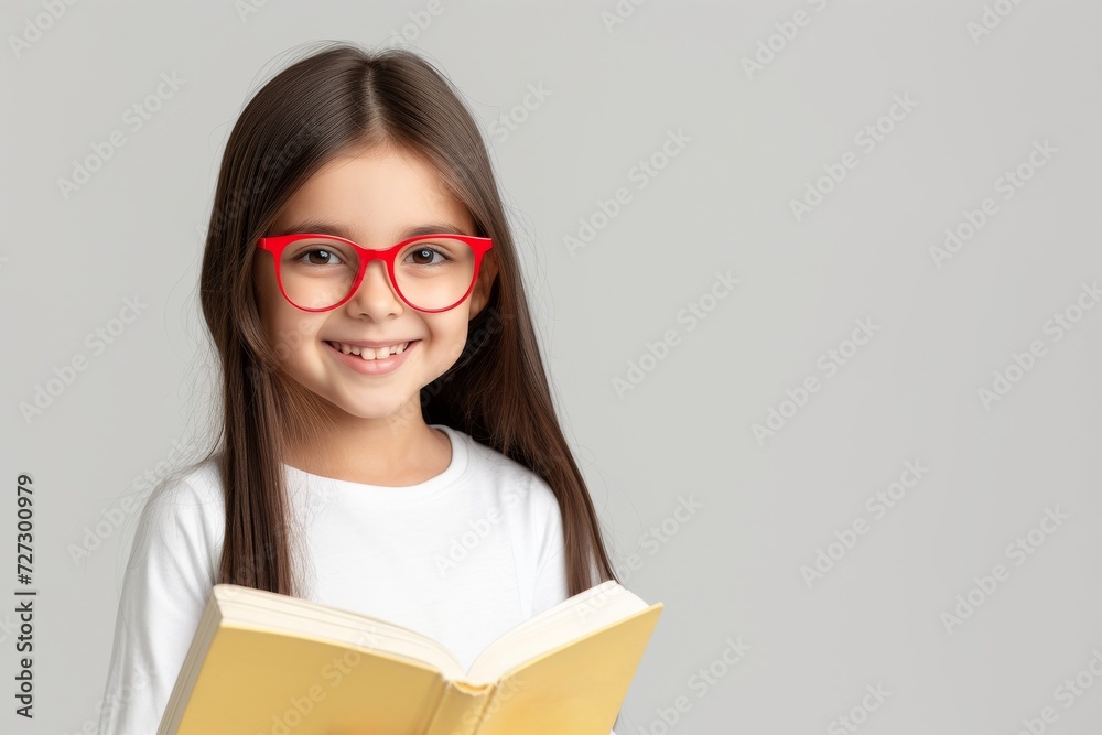 Portrait of smiling young girl with long hair, wearing red glasses, white t-shirt and holding a yellow book, with copy space. Perfect for educational programs and children's eyewear fashion. Portrait of smiling young girl with long hair, wearing red glasses, white t-shirt and holding a yellow book, with copy space. Perfect for educational programs and children's eyewear fashion.