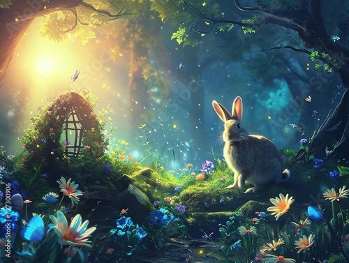 Happy Easter Background Wallpaper with colourful eggs green fields rabbit 