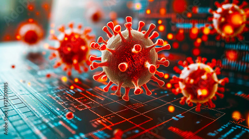 digital image of red virus models on a blurred electronic circuit background, symbolizing the impact of computer viruses or biological research