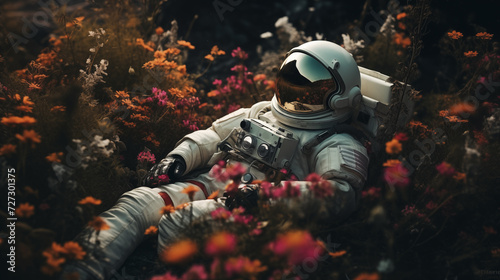 Astronaut peacefully resting amidst a field of flowers