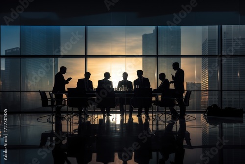 blurred silhouette of business people in a dark meeting room 