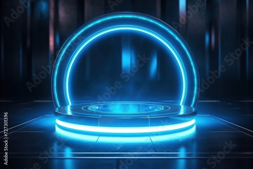 Podium for displaying products,Blue hologram portal. Magic fantasy portal. Magic circle 