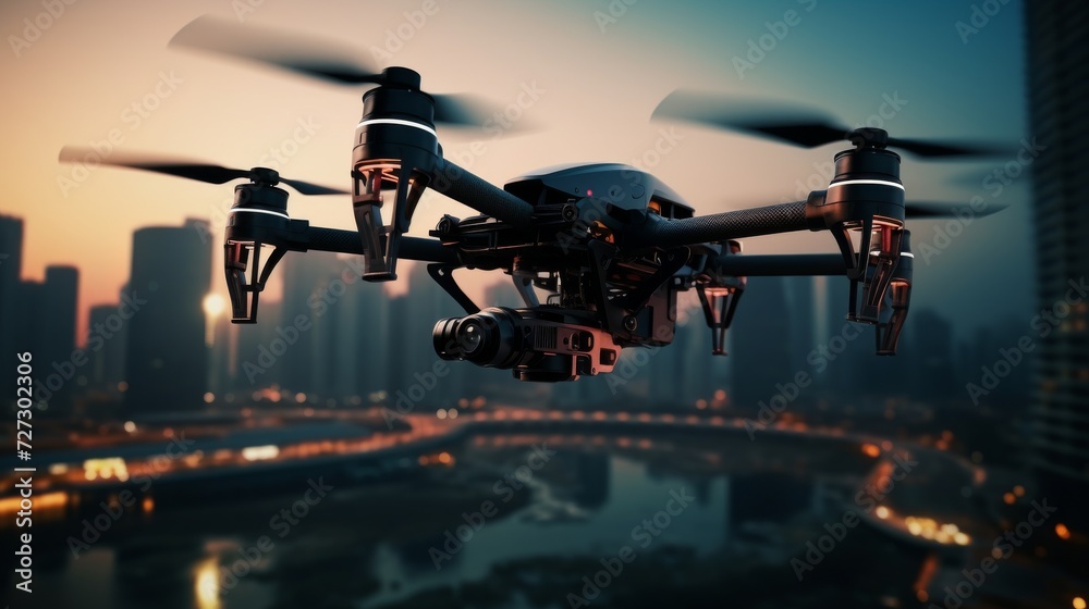 Fototapeta premium Black and White Photo of a Flying Quadcopter