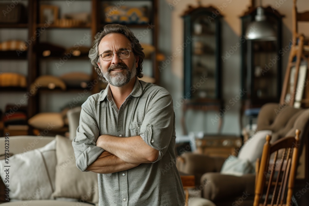 man leaning against a wall of furniture in the store man leaning against a wall of furniture in the store