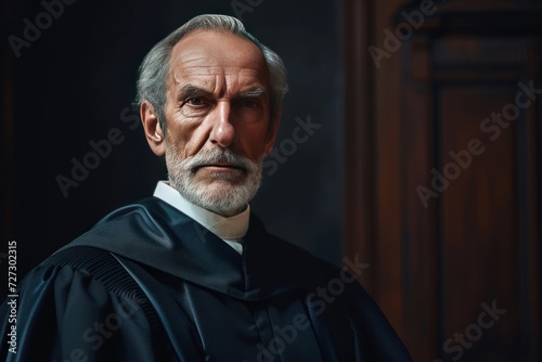 Male judge of court of justice in black mantle.