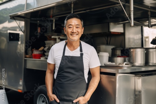 Portrait happy middle aged asian male smiling , food truck ,small business concept,