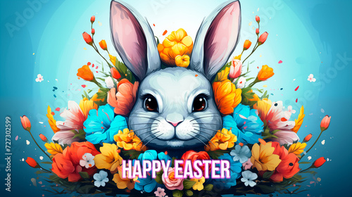 blue rabbit face poster surrounded by flowers and happy easter tittle